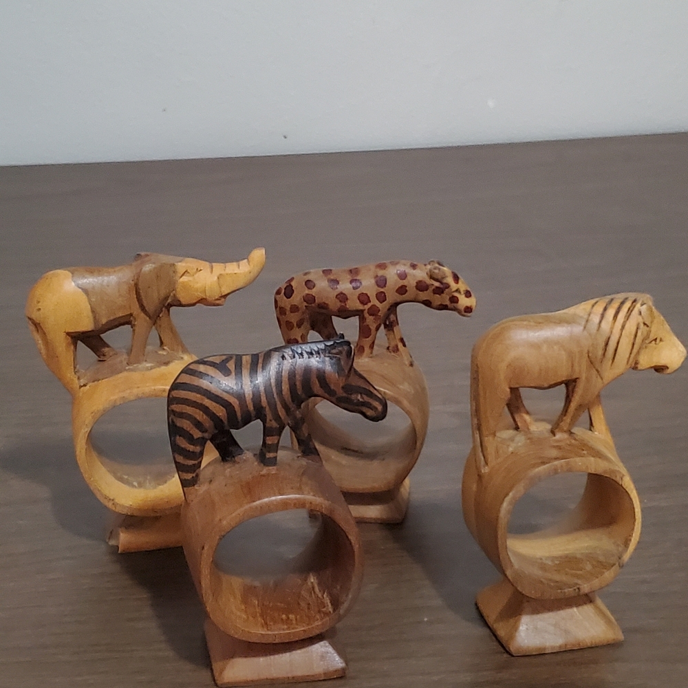 Vintage Wood Carved Africian Safari Napkin Ring Holders